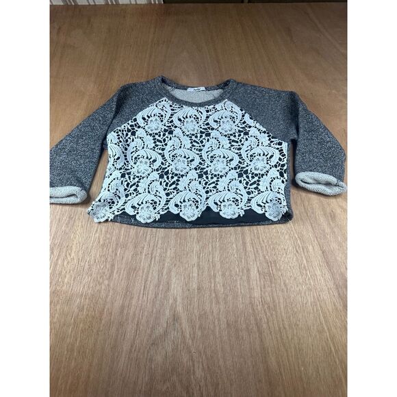 Papaya Lace Front Sweatshirt Gray White Raglan 3/4 Sleeve Womens S Crop - Picture 1 of 3